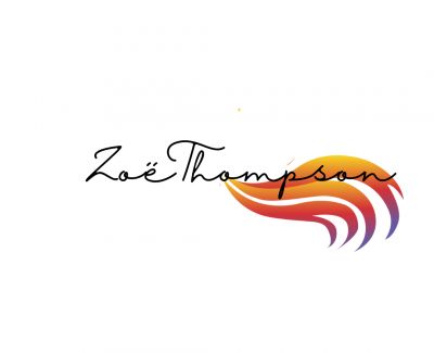 Zoë Thompson logo featuring elegant cursive script alongside a vibrant phoenix feather in red, orange, and purple hues.