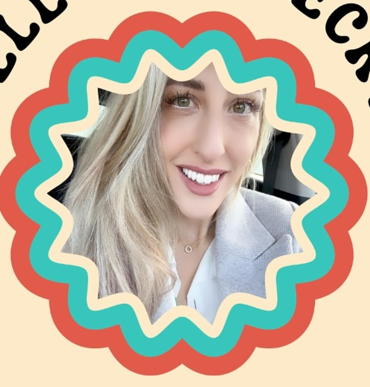 Selfie portrait framed in a decorative scalloped border with turquoise and coral colors.