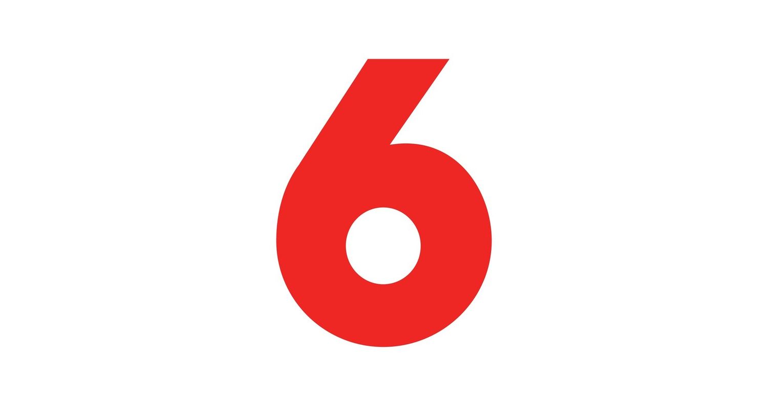 Bold red number 6 logo on white background, modern sans-serif typography in vibrant scarlet color.