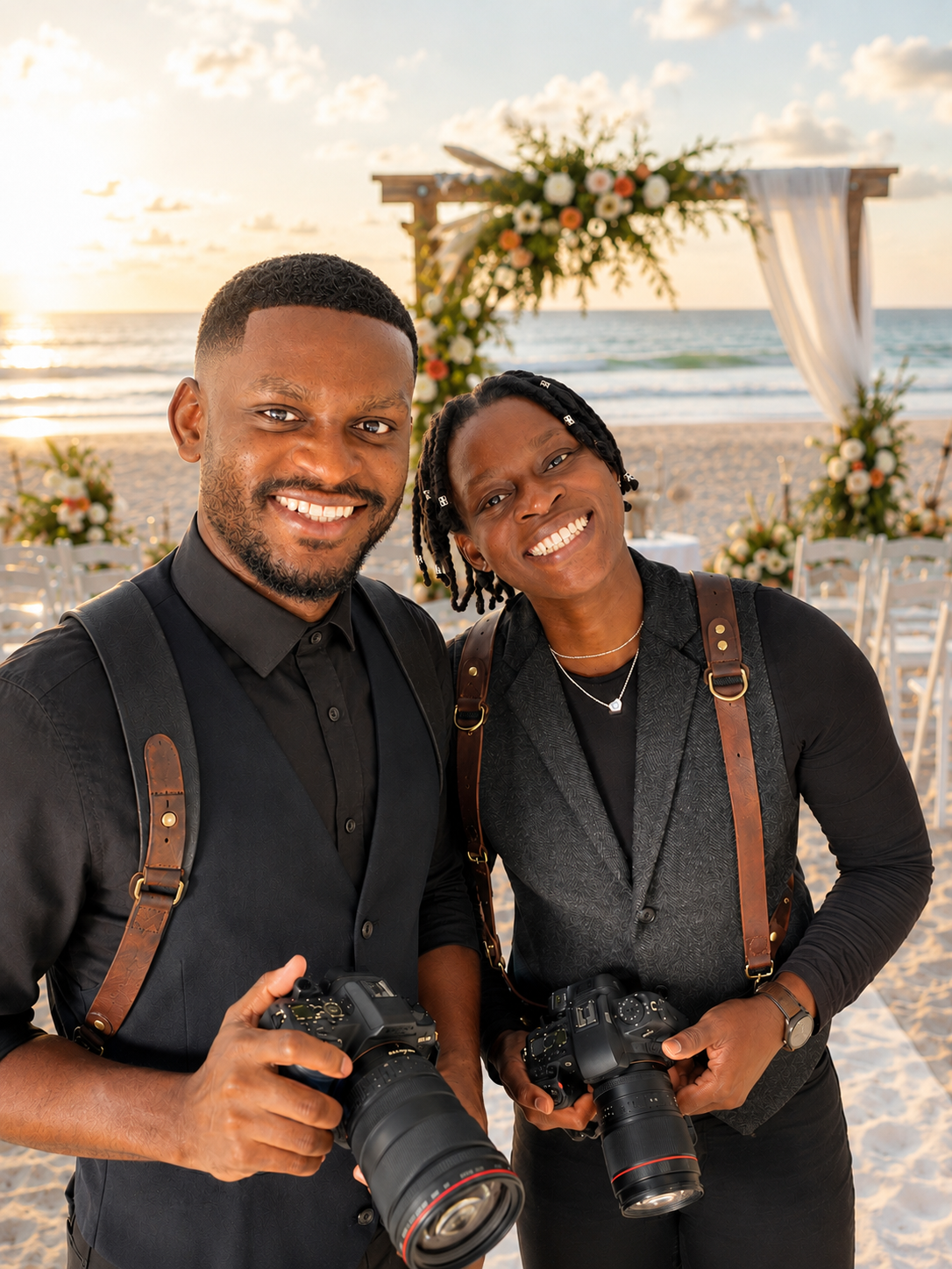 Two smiling wedding photographers with Canon cameras posing at a beach ceremony during golden hour.