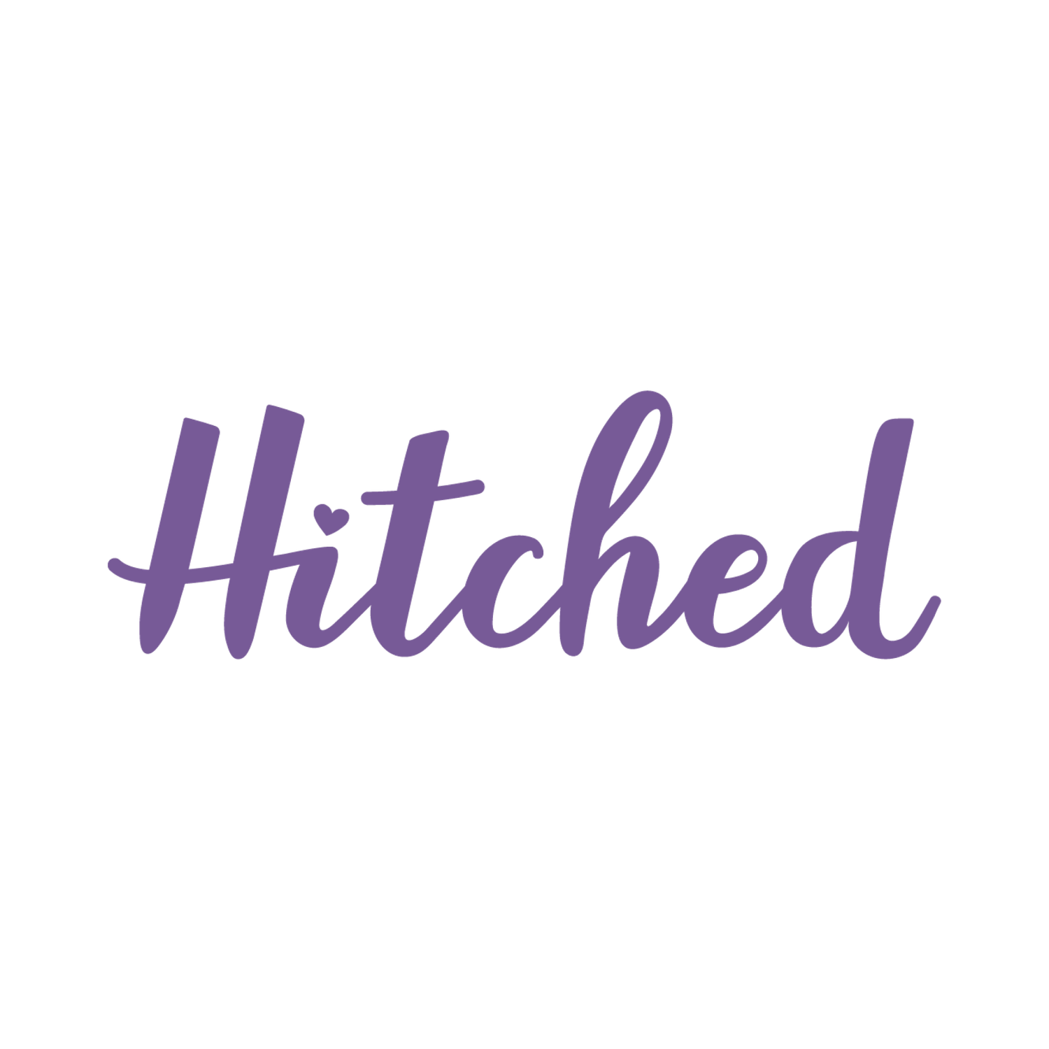 Hitched wedding planning website logo in purple cursive script with small heart accent detail.