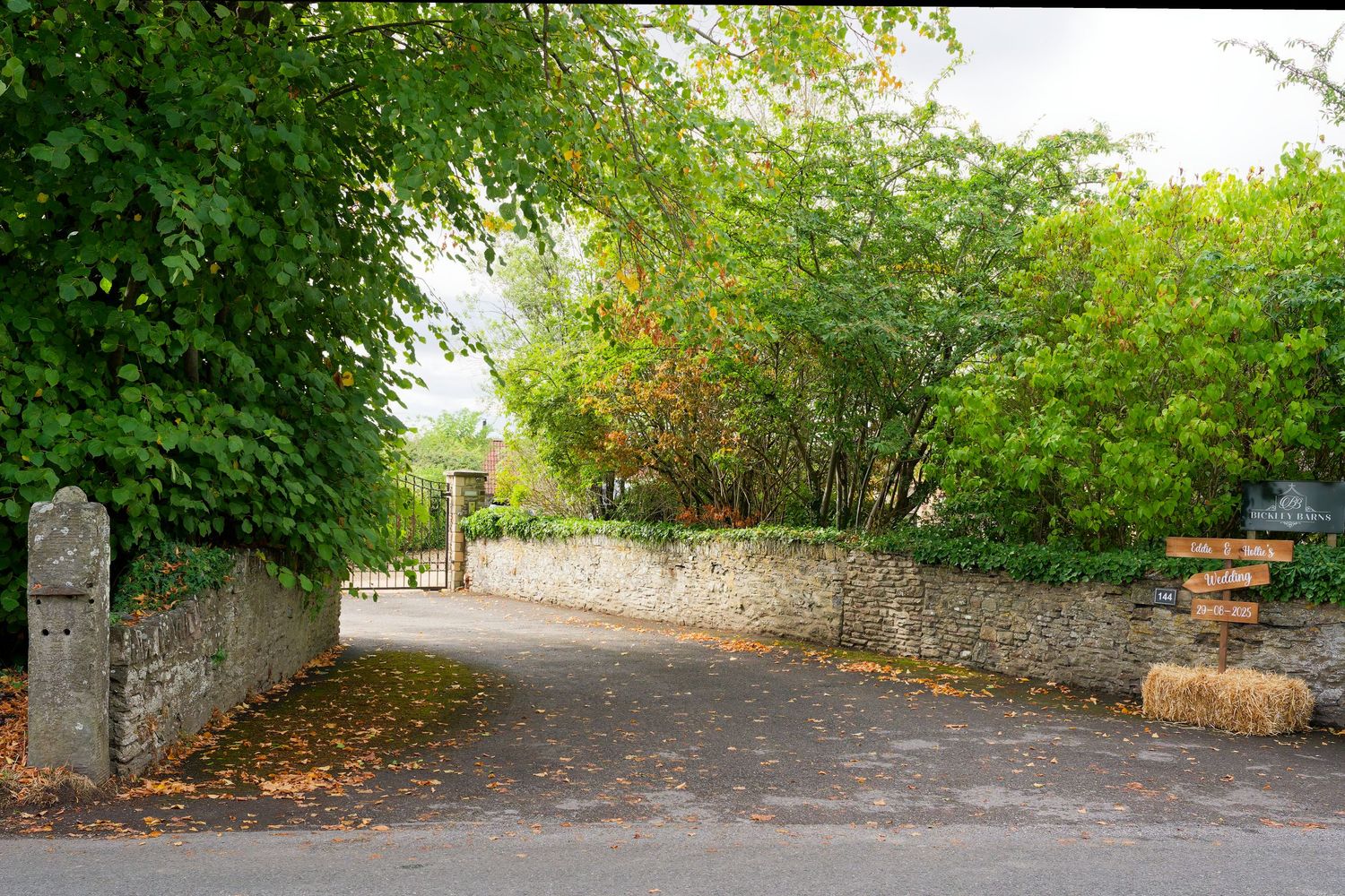 A serene countryside driveway lined with lush green trees and a rustic stone wall leading to a garden entrance.