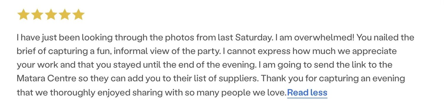 Five-star wedding photographer review praising fun informal party photos and exceptional service from a satisfied couple.