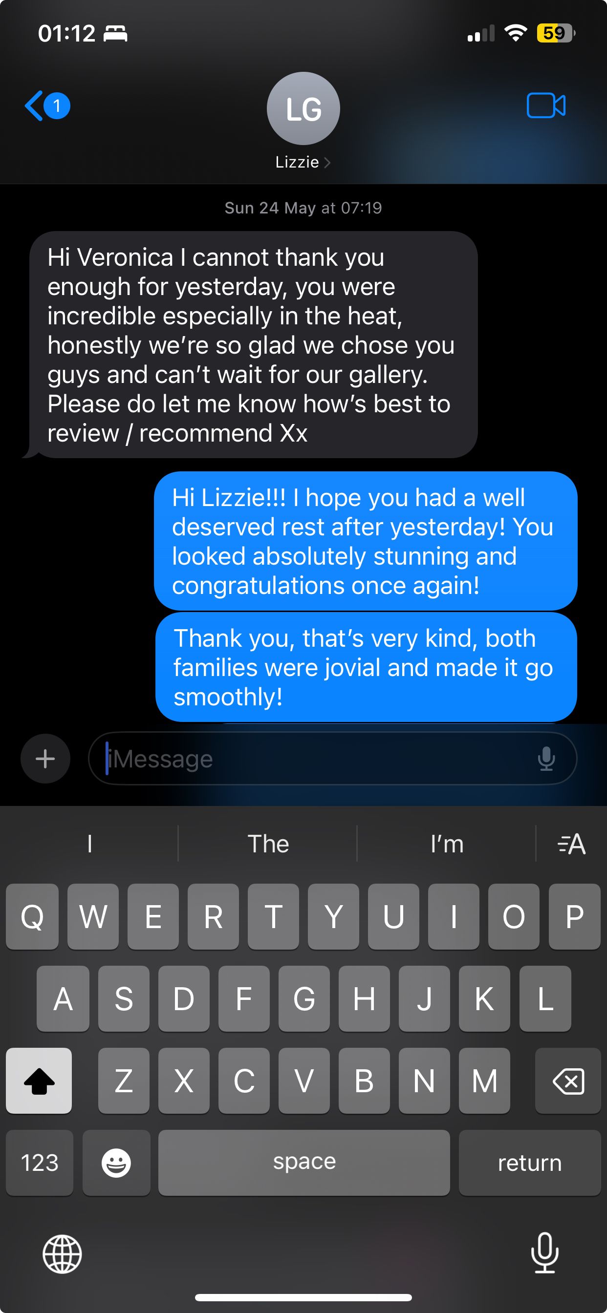 Positive client text message thanking wedding photographer Veronica for incredible work at the wedding.