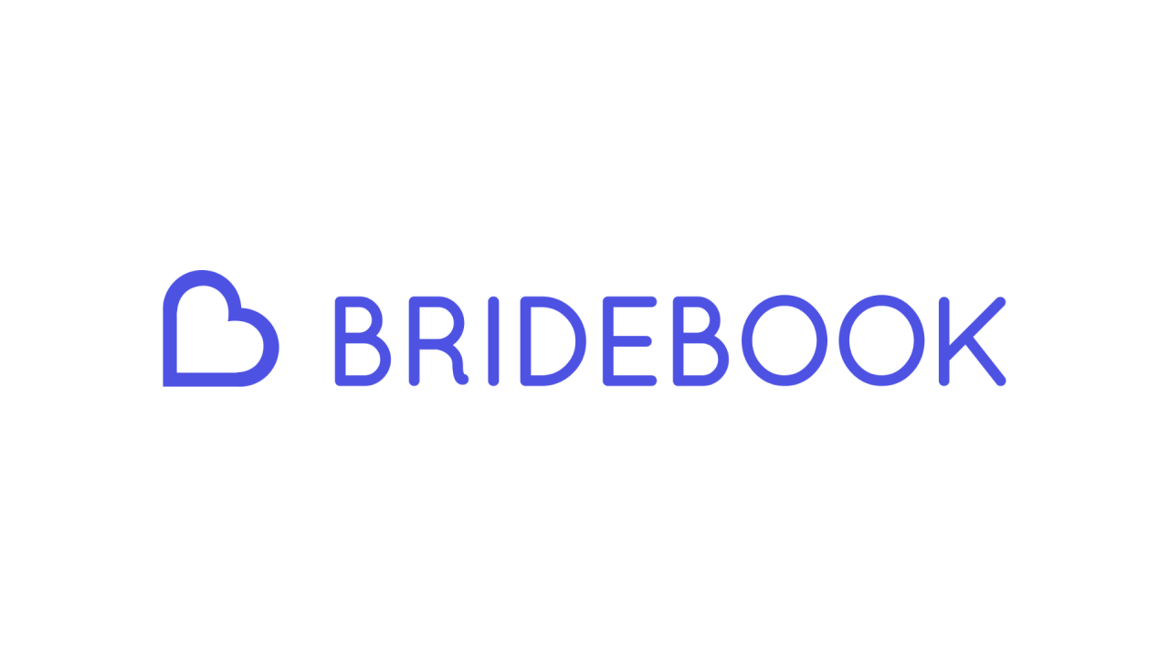 Bridebook wedding planning platform logo featuring a blue heart symbol and bold text.