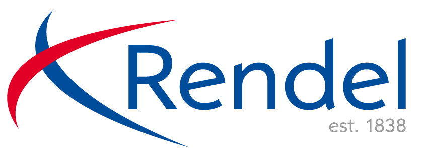 Rendel engineering consultancy logo featuring a red swoosh and blue text, established 1838.