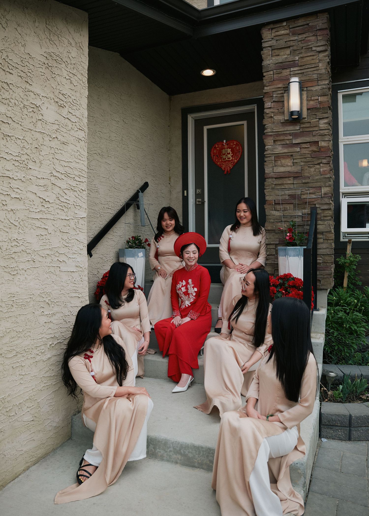 Wedding party group photo outside the venue in Winnipeg