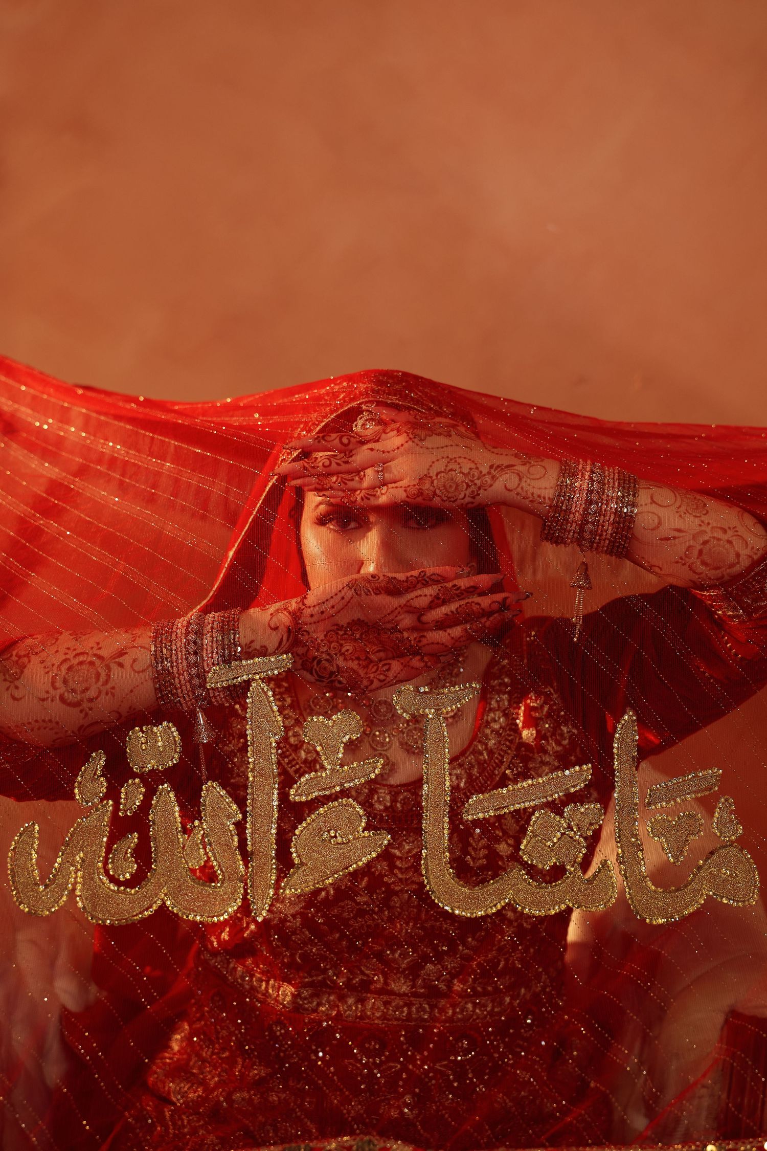 South Asian bride under a red veil with henna details, wedding photography Winnipeg