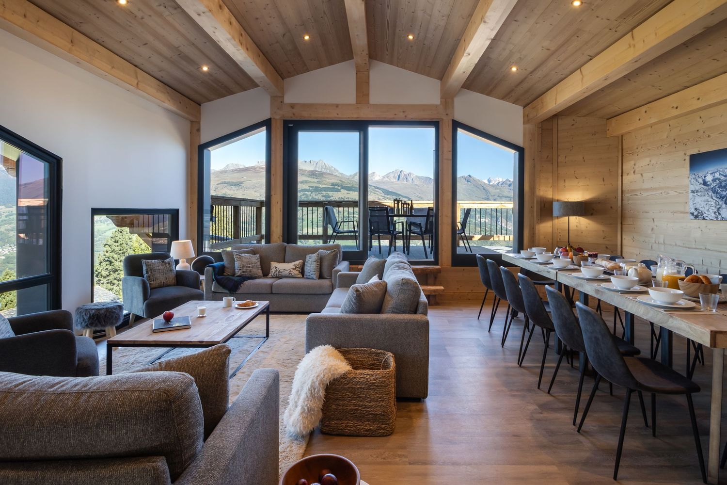 full living and dining room in newly renovated ski chalet