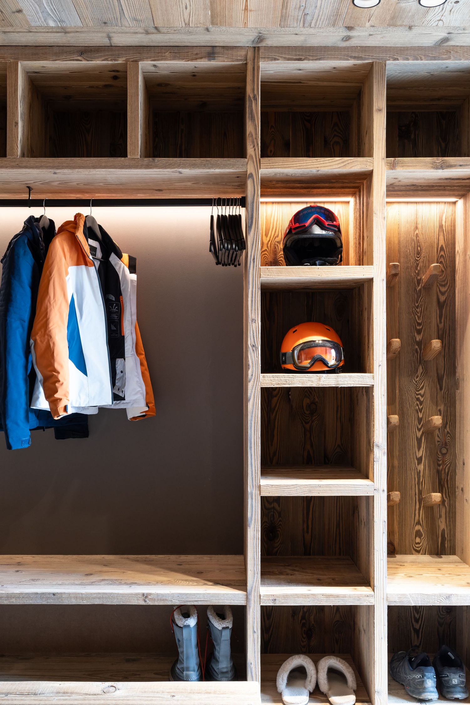 ski equipment storage unit in entrance of ski chalet