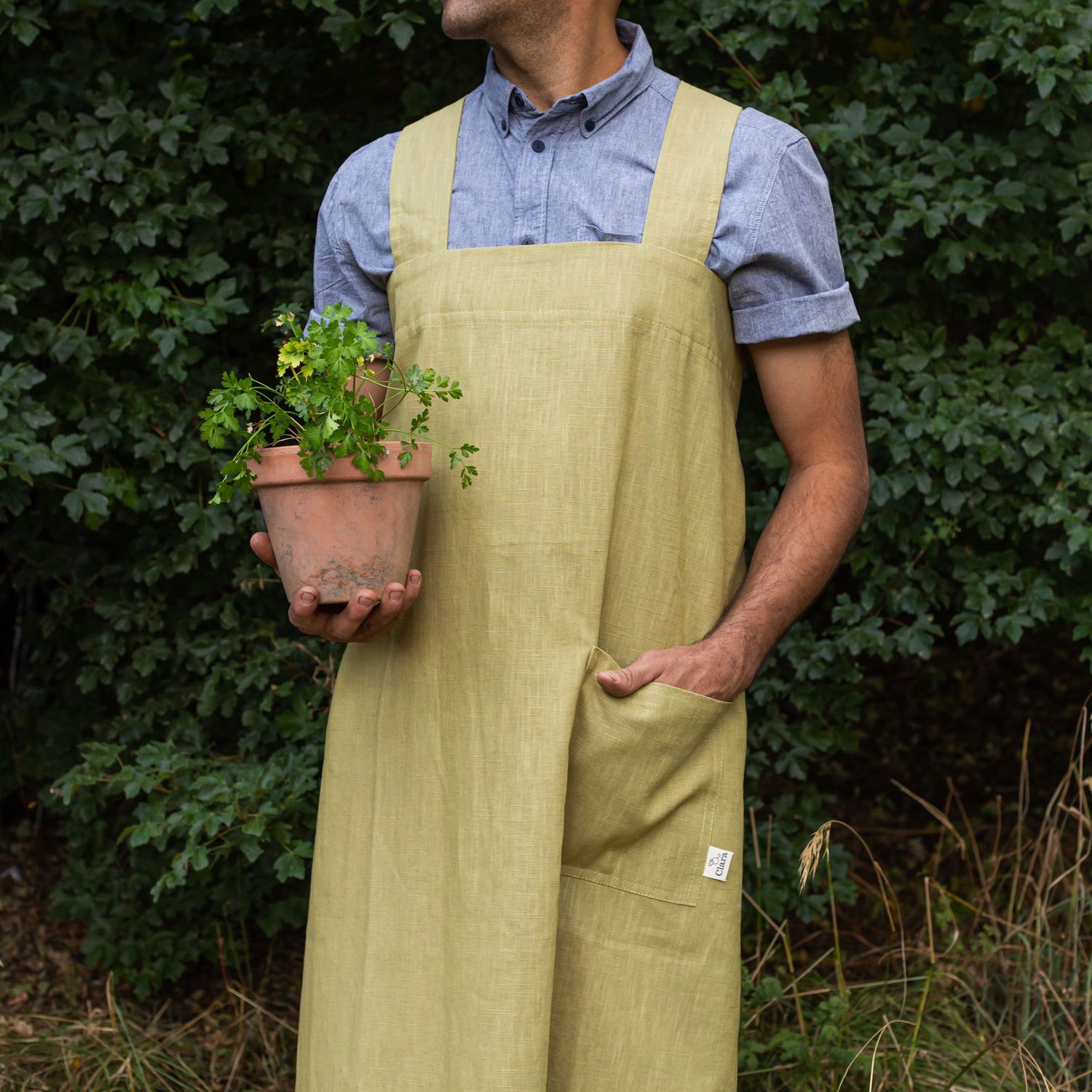 man in green apron holding plant pot of parsley