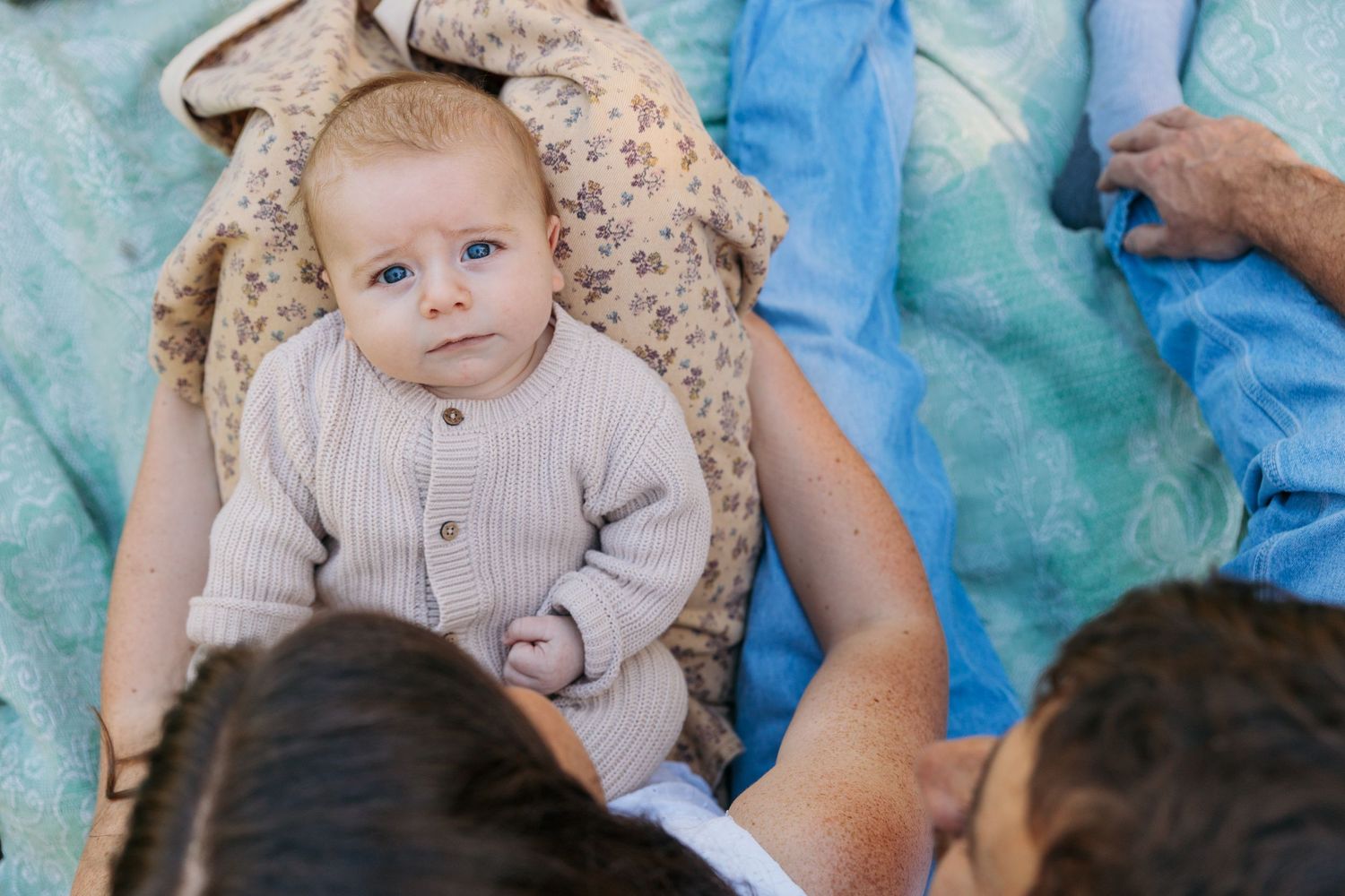 baby stares up at camera during family photo session