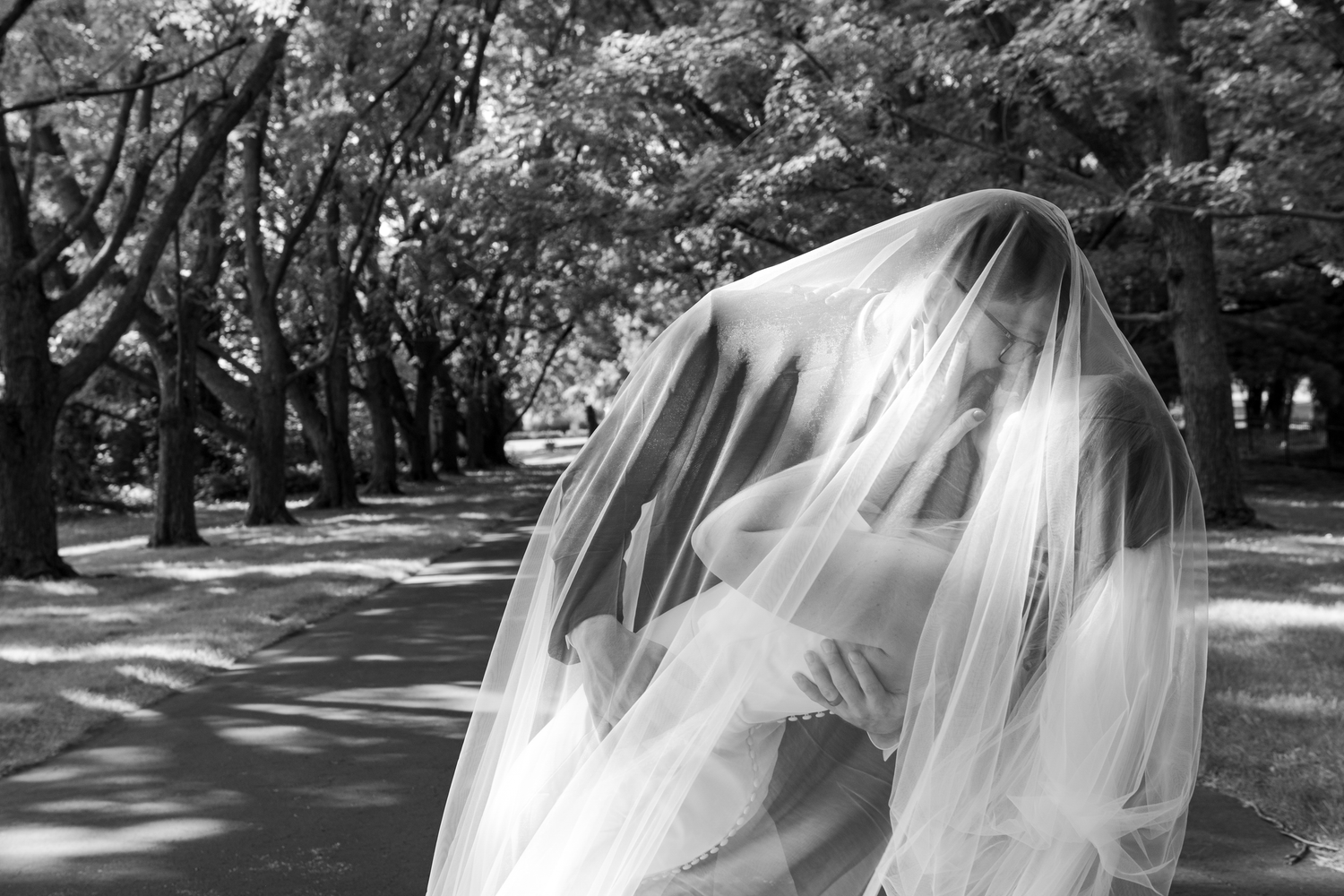 Artistic black and white photo of a flowing bridal veil against a tree-lined path.