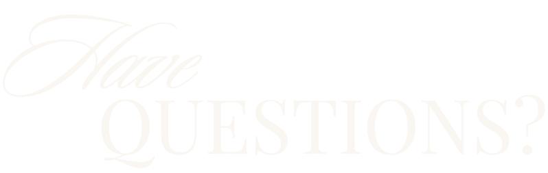 White logo featuring cursive text above bold serif letters spelling QUESTIONS on a transparent background.