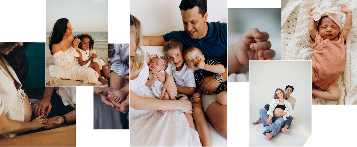 A collage of family newborn photos featuring parents lovingly holding and cuddling their newborn baby.