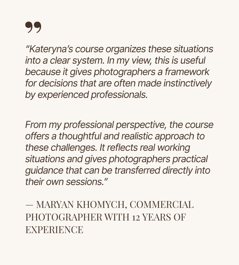 Testimonial quote from Maryan Khomych, commercial photographer with 12 years of experience, praising Kateryna's photography course.