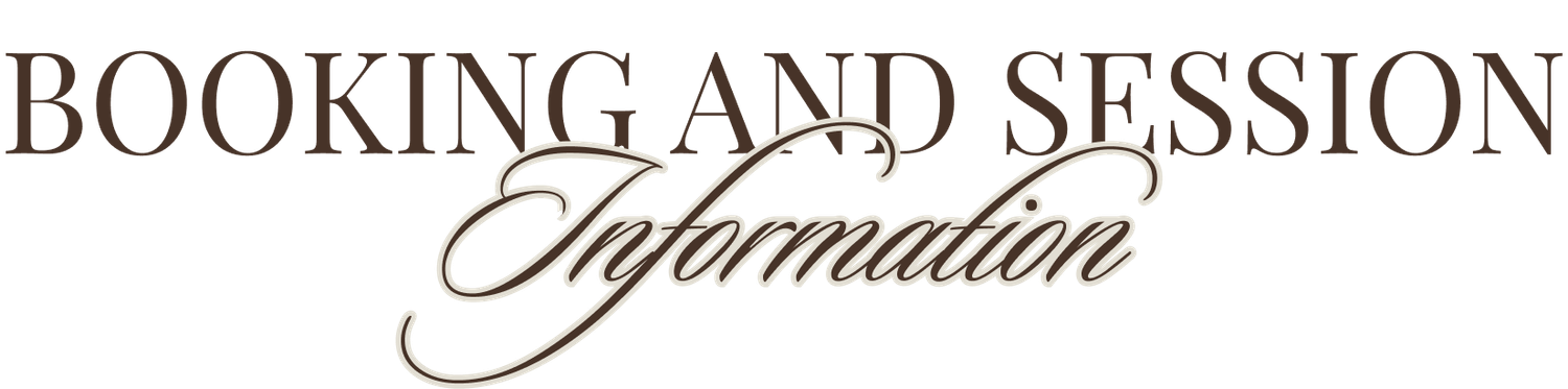 Elegant booking and session information typography with decorative script font in brown tones.