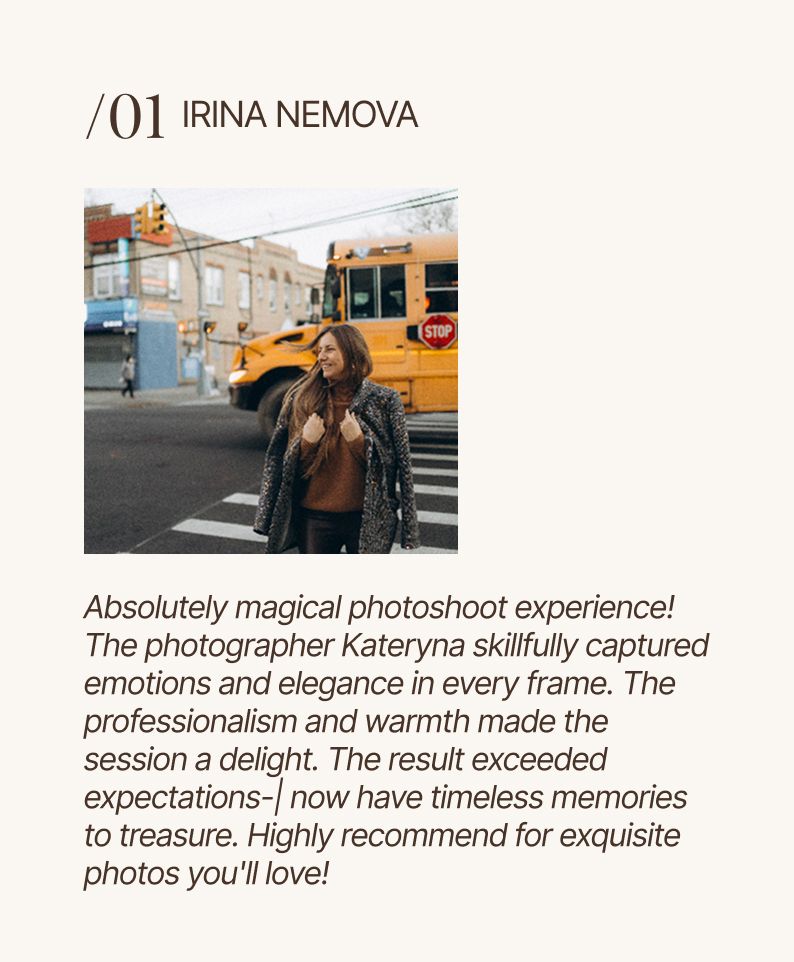 Woman smiling during urban photoshoot with yellow school bus backdrop, captured by photographer Kateryna Nemova.