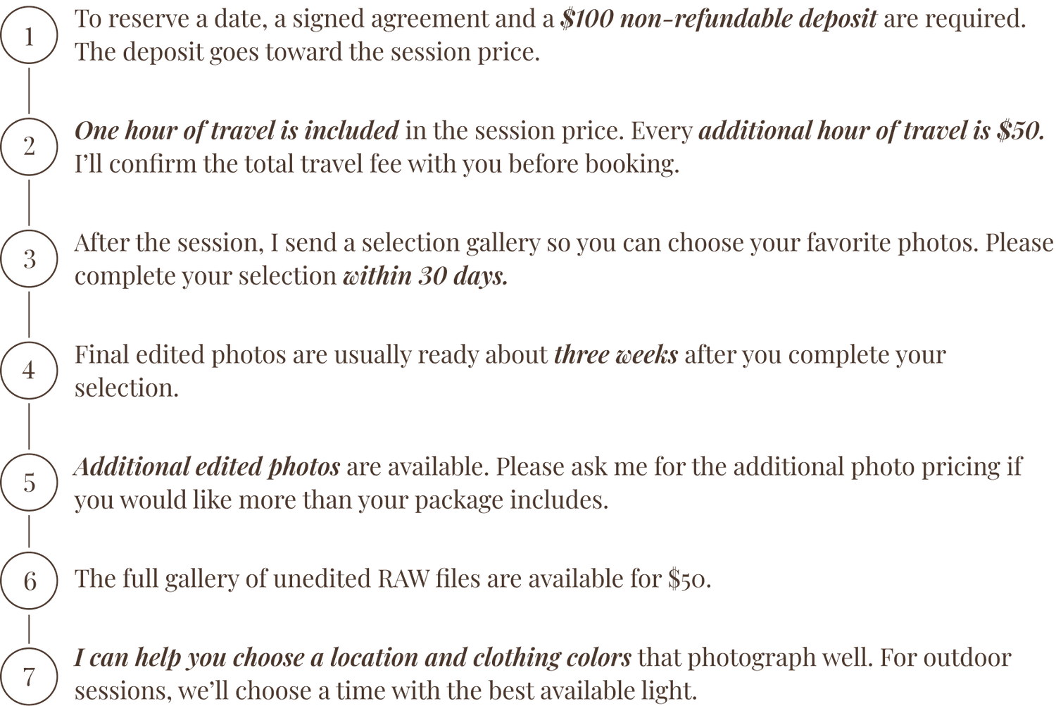 A numbered list of photography session policies including deposit requirements, travel fees, and photo delivery timelines.