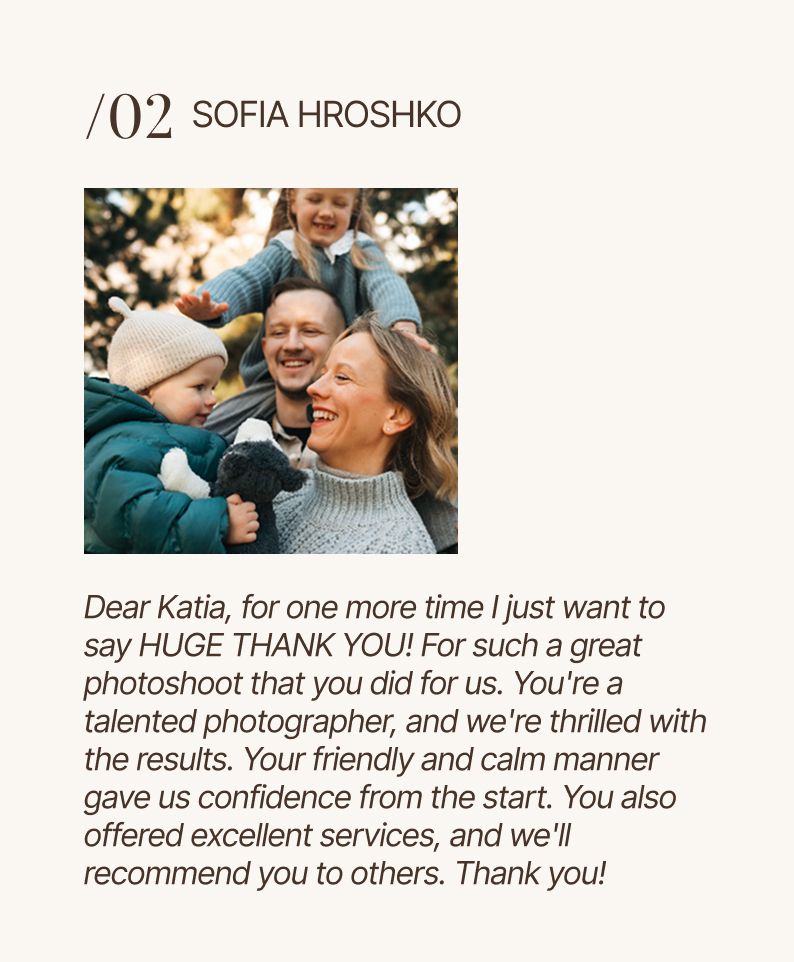 Happy family of three posing outdoors with a glowing testimonial review for photographer Katia from Sofia Hroshko.