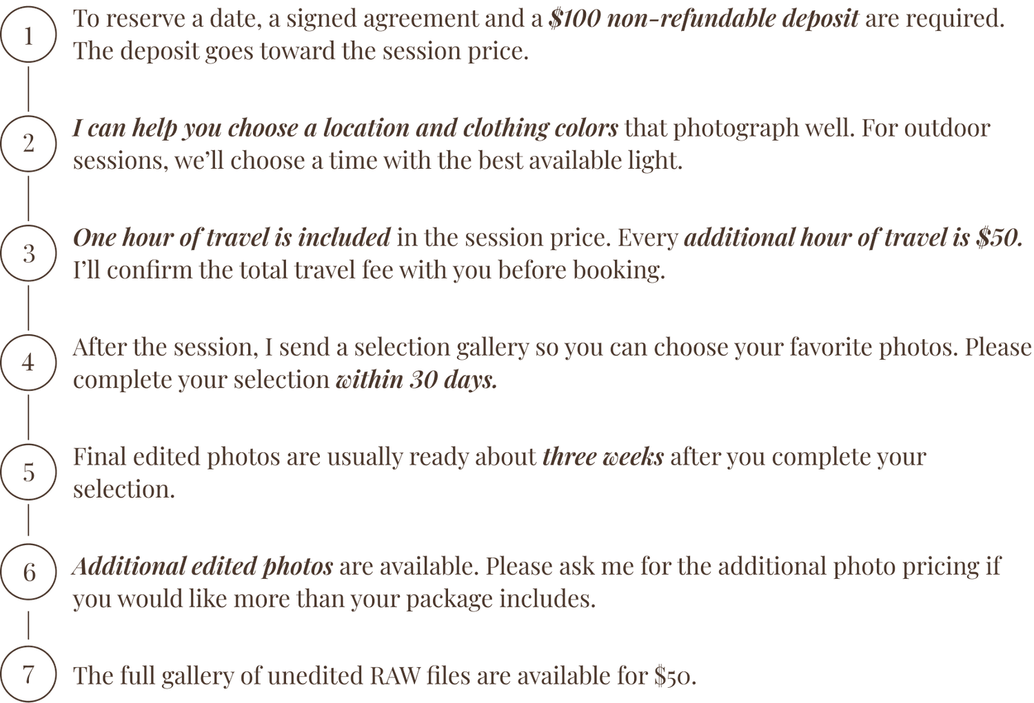 FAQ list detailing photography session policies including deposit requirements, travel fees, and photo delivery timelines.