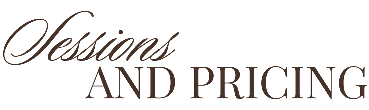 Sessions and Pricing elegant typography logo in dark brown script and serif fonts on white background.