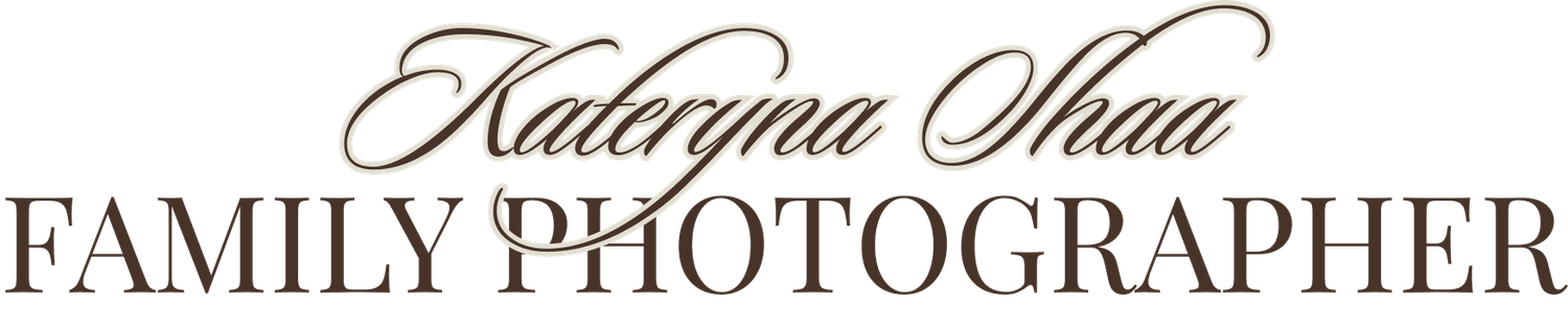 Kateryna Shaw Family Photographer elegant script and serif logo in brown tones.