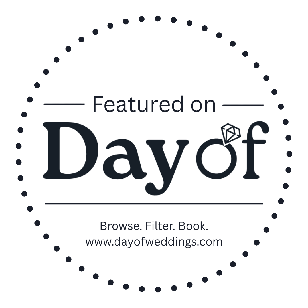 Featured on Day of Weddings badge with dotted circle border and tagline Browse Filter Book.