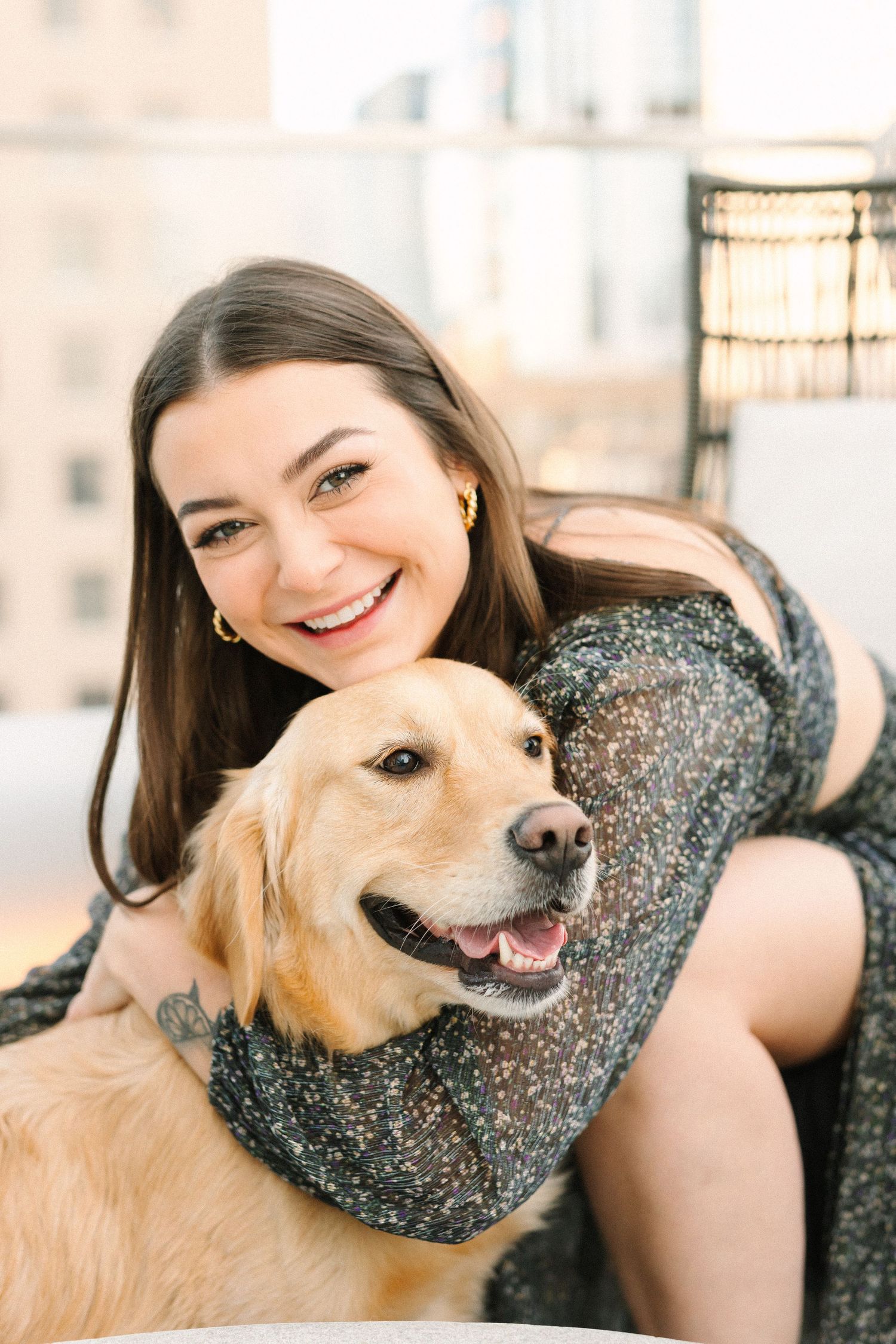 A series of candid shots showing joyful moments between a Golden Retriever and someone in a sparkly dress.