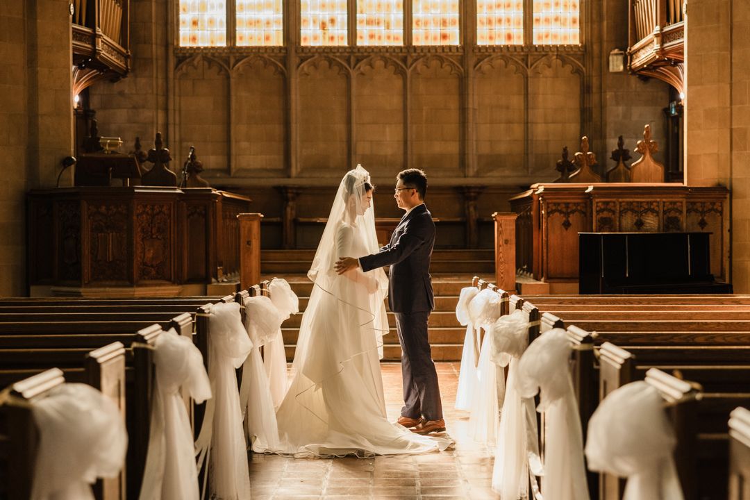 Toronto Knox College wedding ceremony bride and groom portrait.