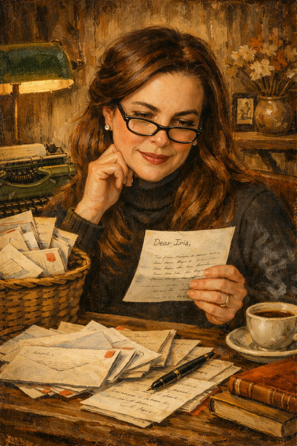 A vintage-styled photo series shows someone reading and writing letters at a rustic wooden table with coffee and books.