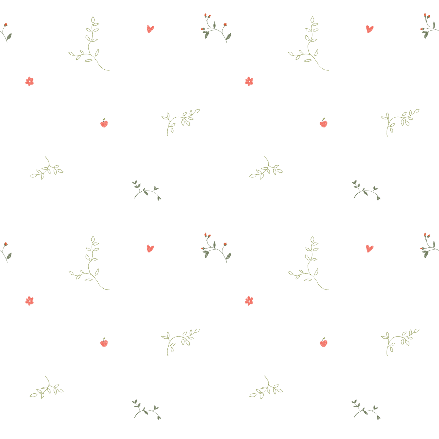 White background with small red hearts and green leaf patterns scattered throughout in a delicate pattern.