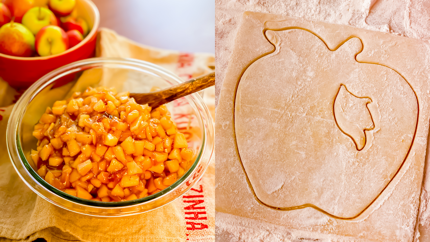 Apple-shaped dough cutout and cooked butternut squash in preparation for fall recipes.