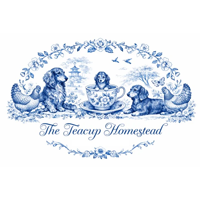 Blue and white toile logo for The Teacup Homestead featuring dachshund dogs, a teacup, chickens, and floral border.