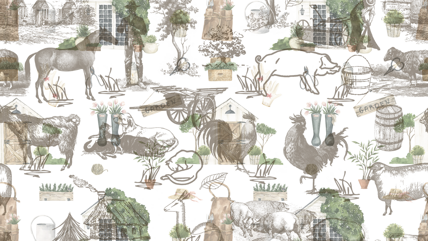 Vintage toile pattern wallpaper with repeating farmhouse and nature scenes in neutral tones.