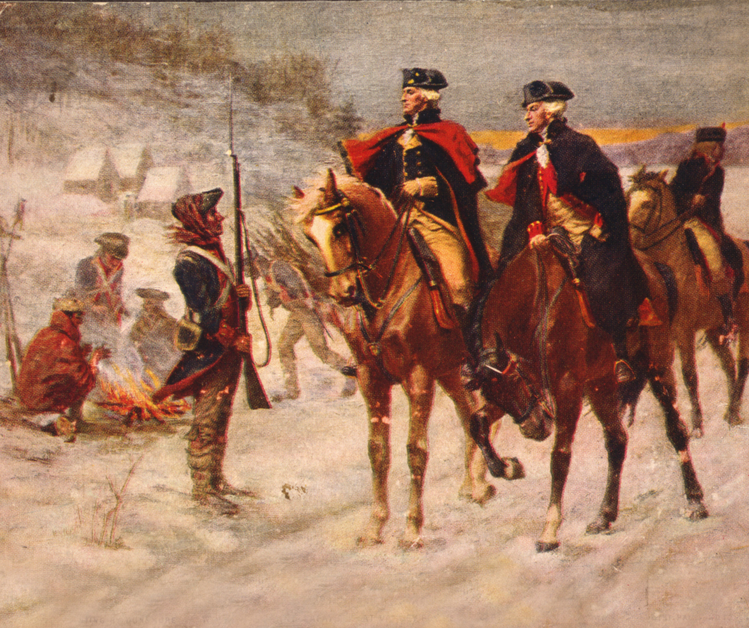 George Washington. Historical painting depicting Revolutionary War soldiers marching through snowy winter conditions in colonial America.