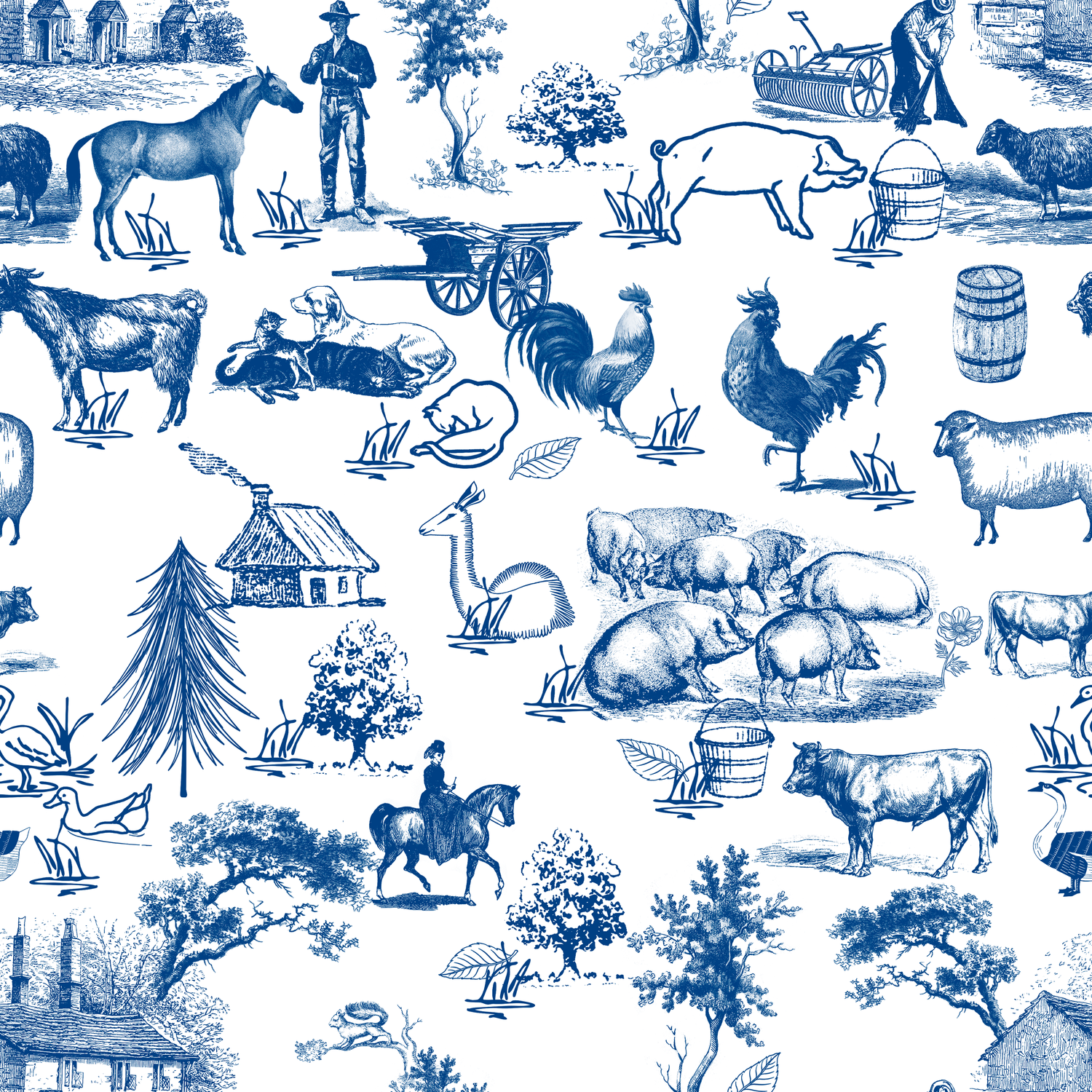 Blue and white toile fabric pattern featuring farm animals, horses, roosters, sheep, pigs, cows, and rural countryside scenes.