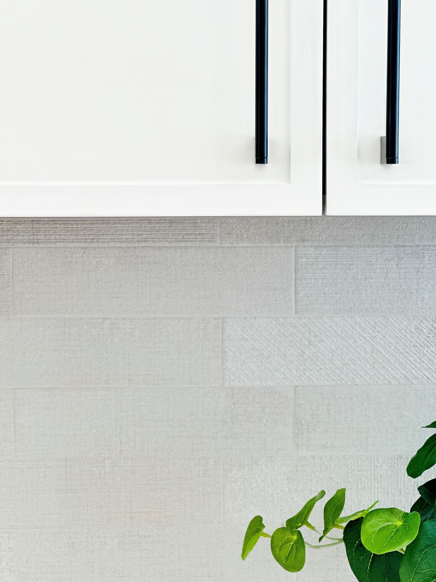 Minimalist white kitchen cabinets with black hardware and green plant accents.