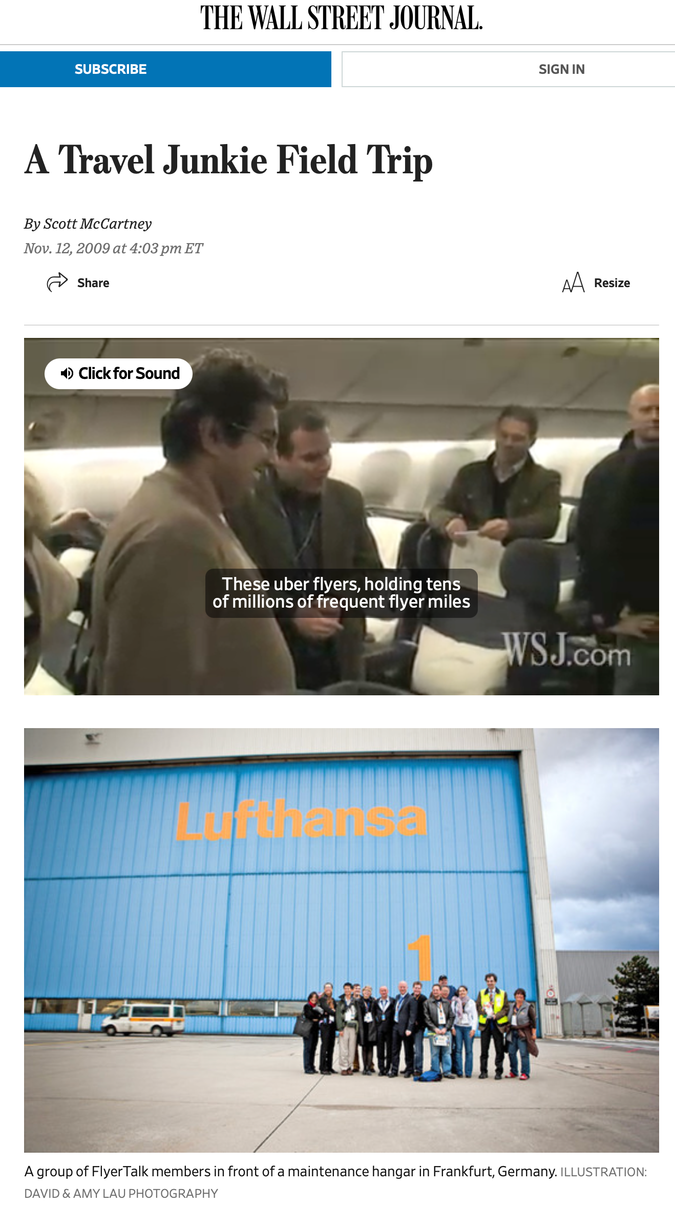 Wall Street Journal article showing travelers aboard plane and group photo outside Lufthansa hangar.