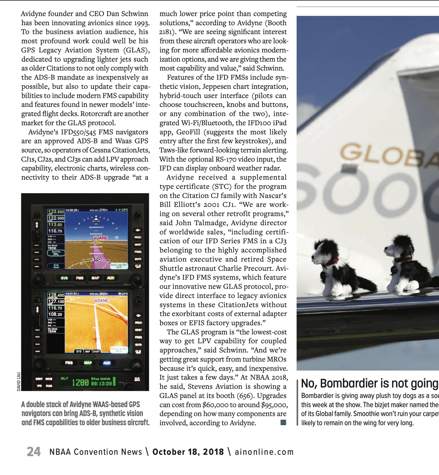 Aviation magazine spread featuring cockpit displays and technical specifications.