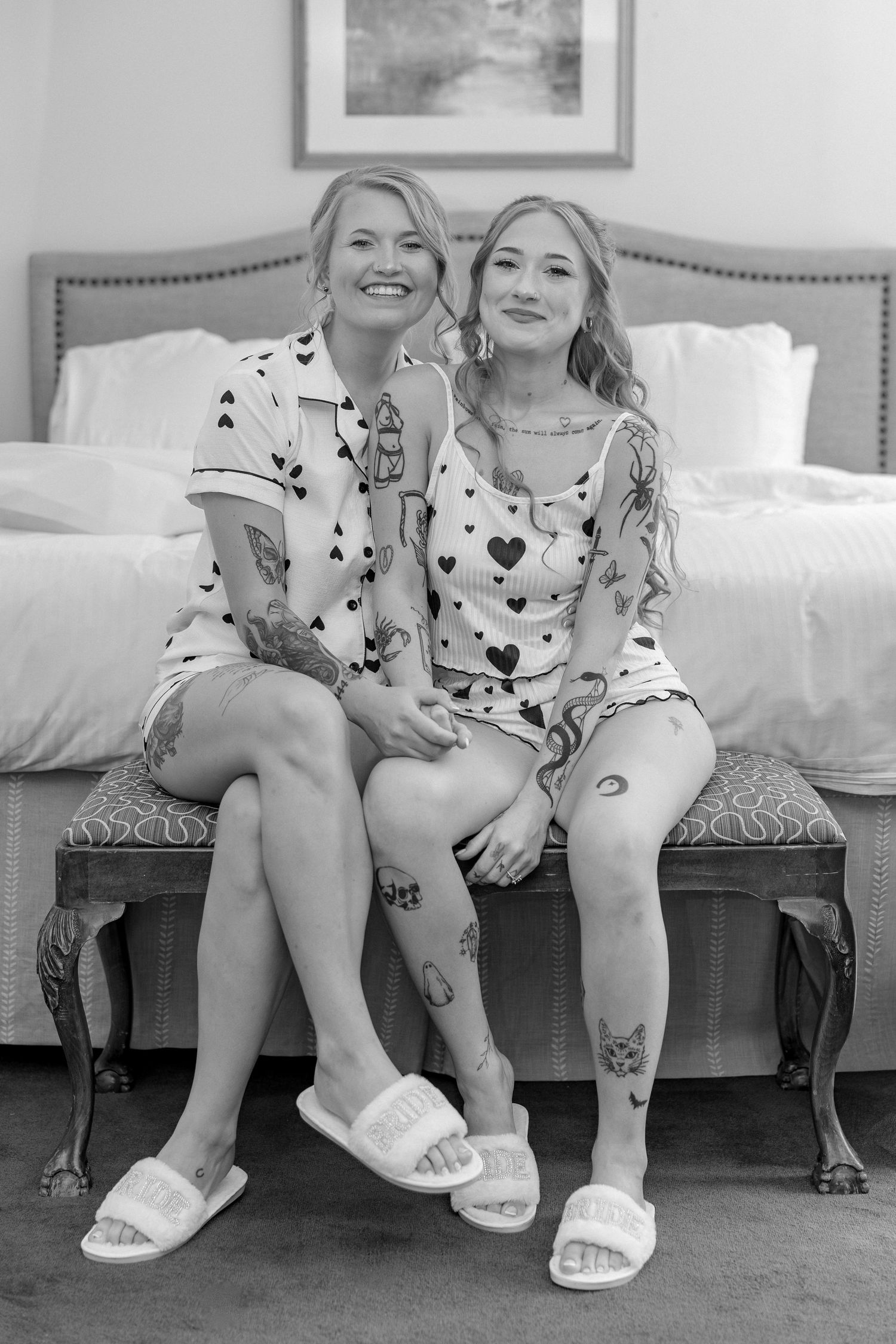Four sequential photos show matching heart-patterned pajamas and white slippers on a bench.