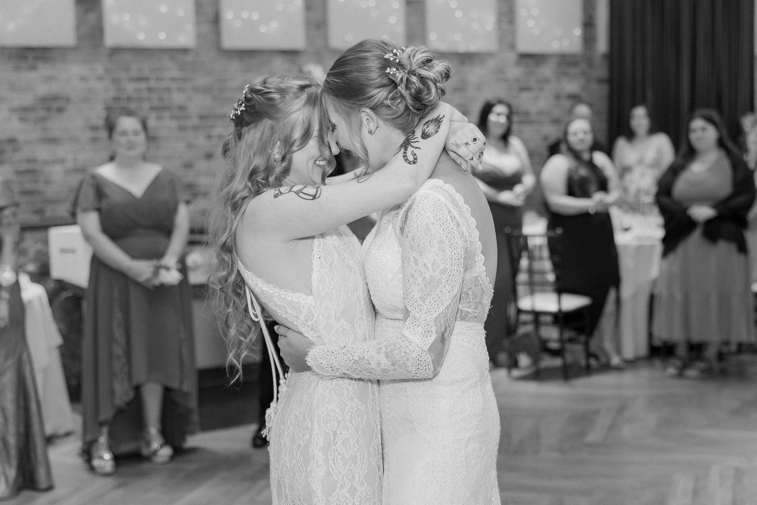 Black and white dance sequence shows couples embracing on a dance floor.