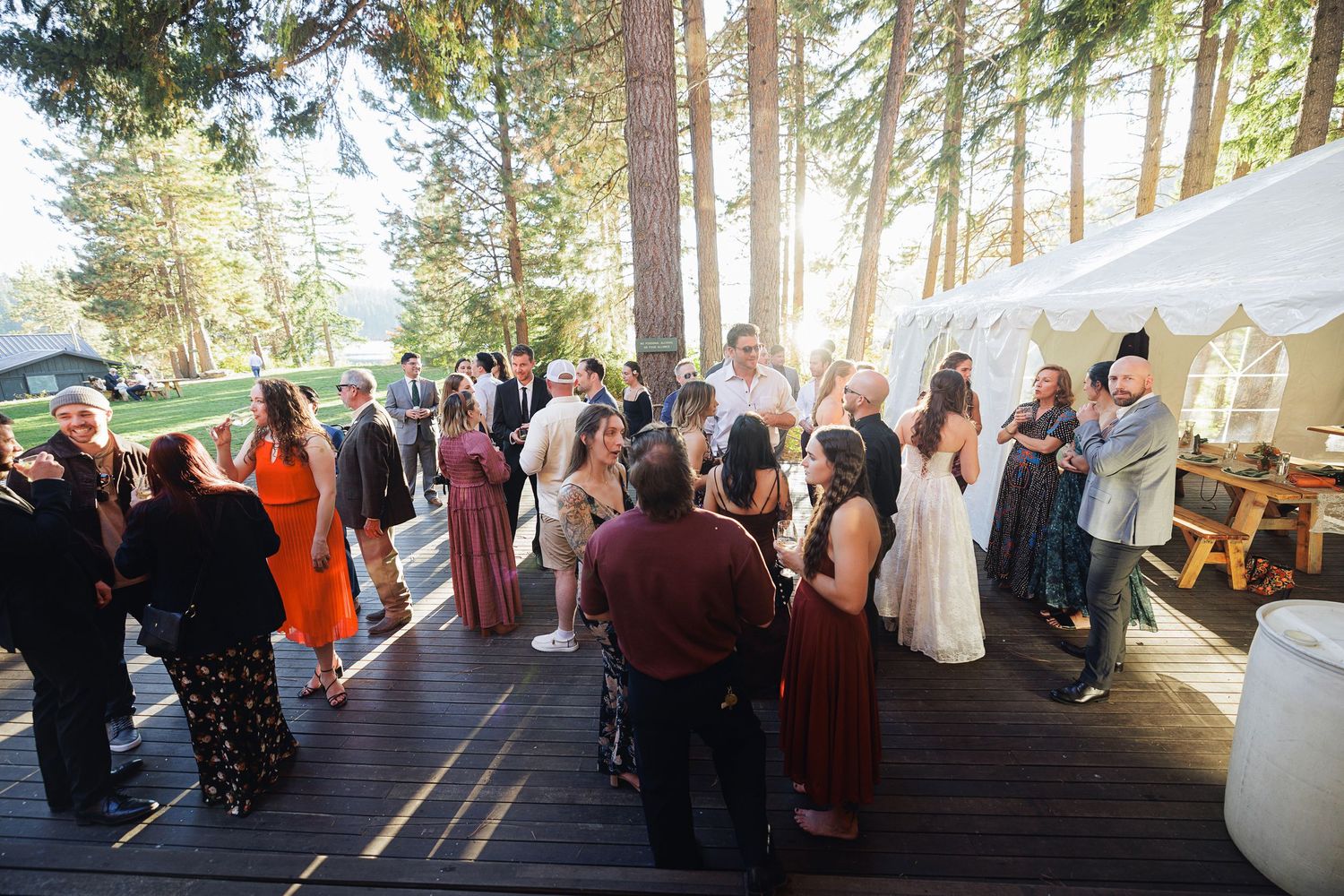 Guests mingle on a wooden deck surrounded by tall pine trees at an outdoor wedding reception.