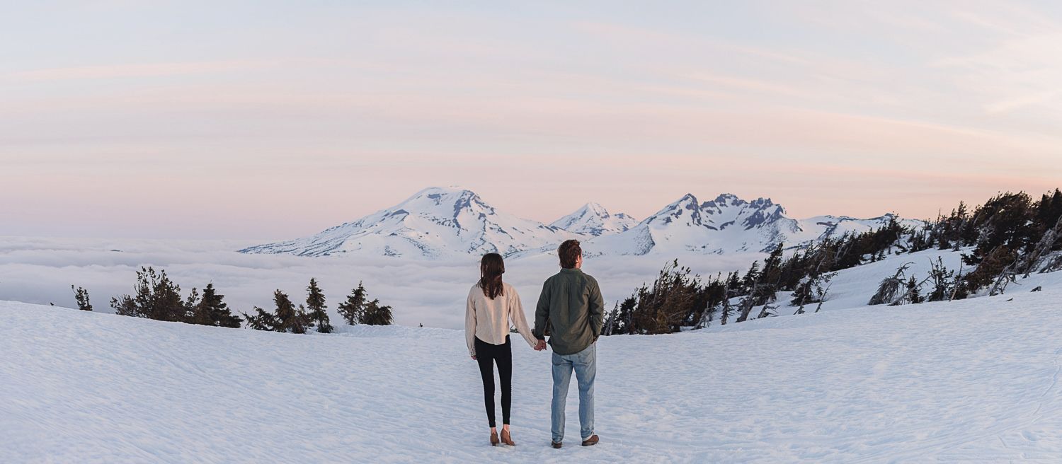 Five scenic views of people hiking in snowy mountain landscapes during winter adventures.