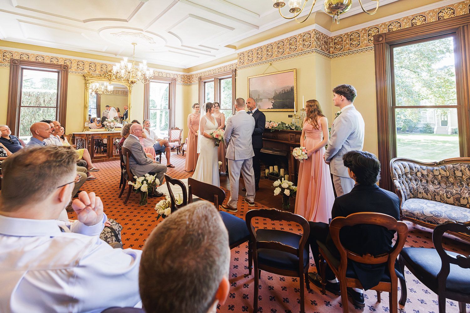 A collage of social scenes shows people gathering in various rooms at what appears to be a senior living or community center.