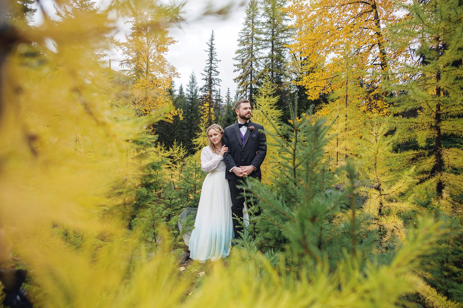 Wedding portraits captured in a forest setting with golden fall colors in the background.