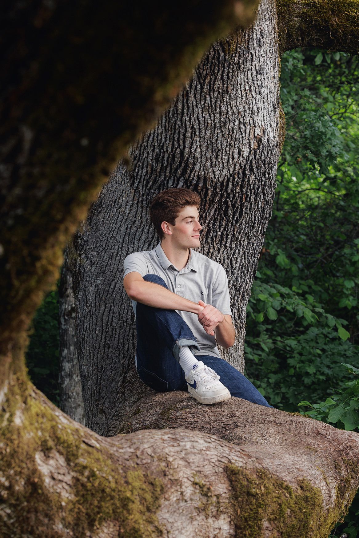 Person relaxing on a large tree trunk against textured bark in a natural outdoor setting.