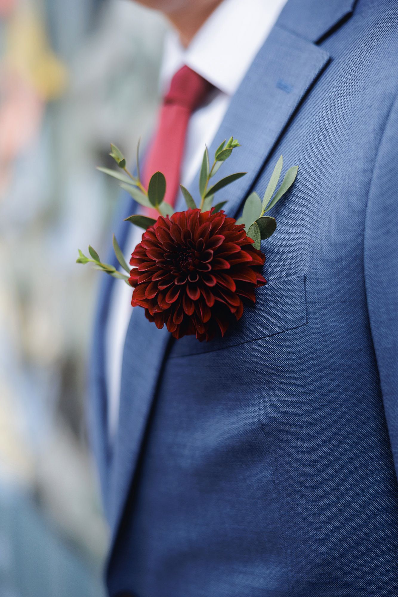 Close-up detail of a dark red dahlia boutonniere pinned to a navy blue suit jacket.