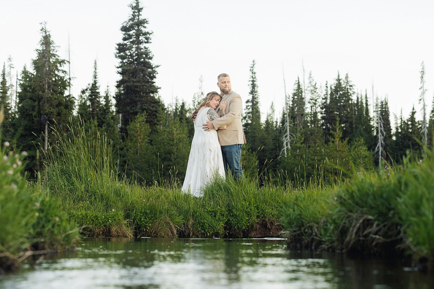 A sequential series of wedding photos taken outdoors with evergreen trees and natural scenery in the background.
