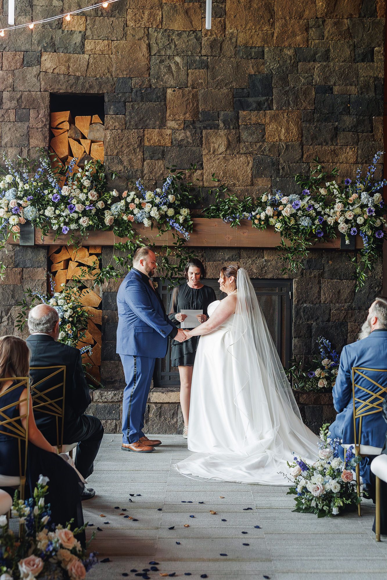 A wedding ceremony sequence shows a couple at the altar with floral decorations against a rustic stone wall.